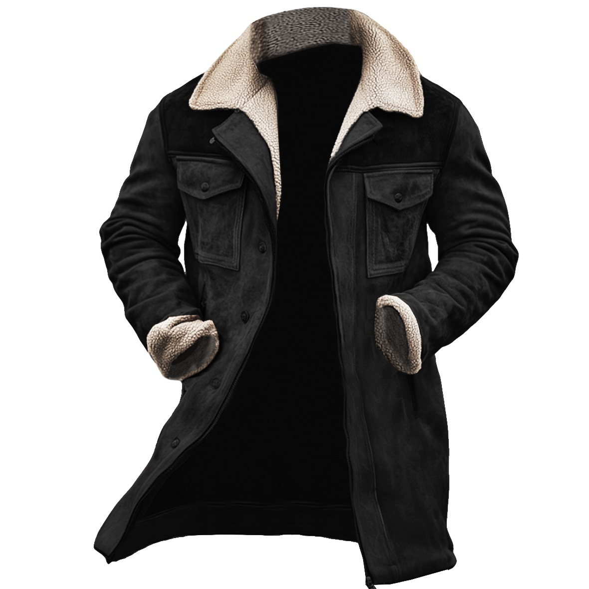Pánská vintage semišová patchworková jehněčí fleece bunda s mnoha kapsami a obráceným límcem na venkovní nošení