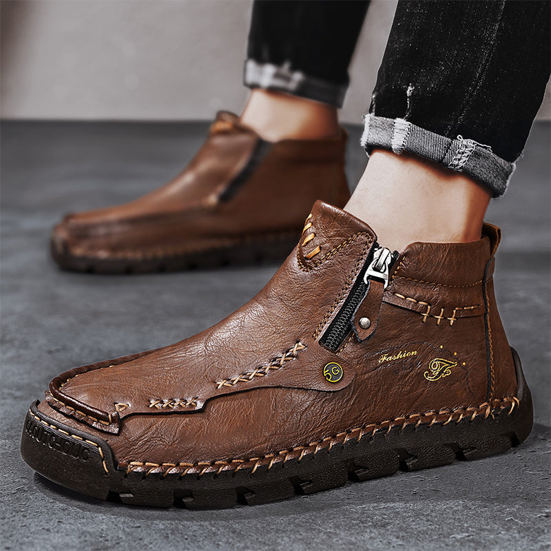 (⏰Last Day 70% OFF🔥)Men's Top-Quality Motorcycle Boots Hand-Stitched Genuine Leather Boots-Wide Toe, Waterproof， Anti-Slip， Anti-Sprain，Suitable for Work, Driving, Hiking