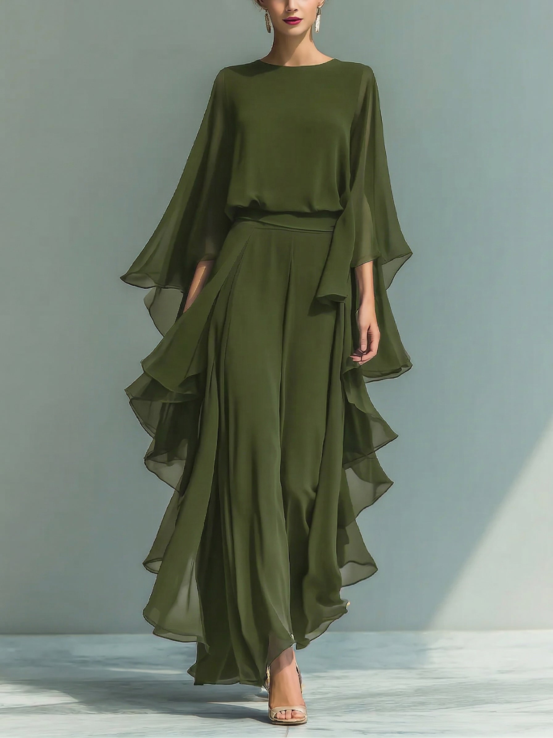 🔥Horký prodej nyní! Elegantní a volná košile s volány a široké kalhoty - dvoudílná souprava