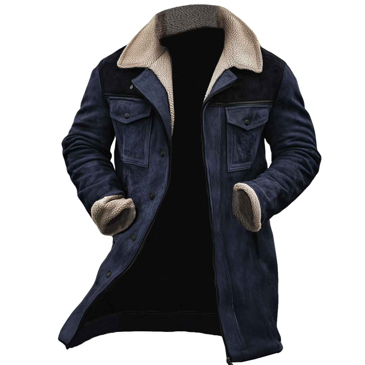 Pánská vintage semišová patchworková jehněčí fleece bunda s mnoha kapsami a obráceným límcem na venkovní nošení