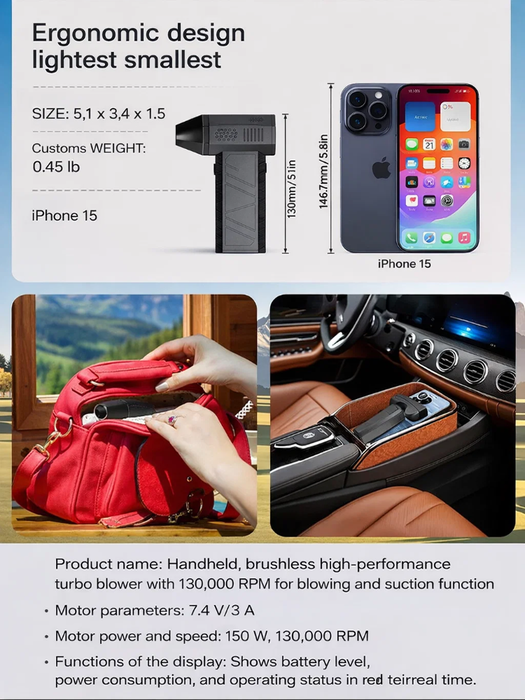 Handheld brushless 130,000 RPM turbo blower with suction and blowing functions