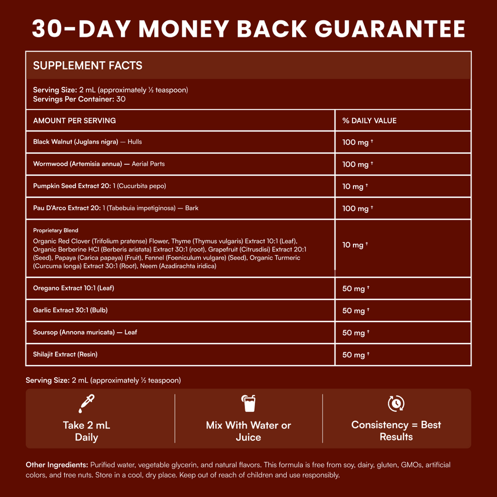 Just two droppers a day of this powerful Parasite Cleanse help flush out the hidden invaders wrecking your digestion, energy, and focus — so your body finally works with you, not against you.