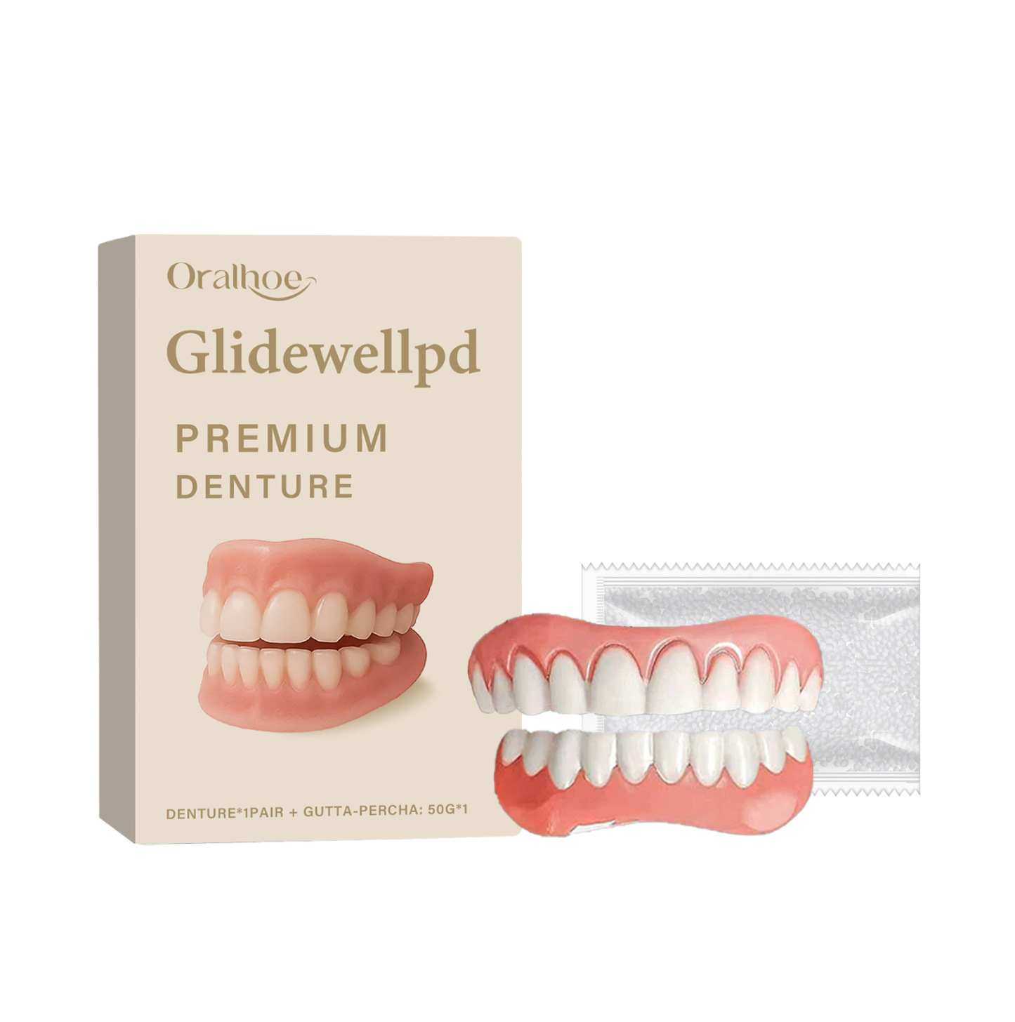 No glue required, installs in 1 second. Perfect Smile Dentures