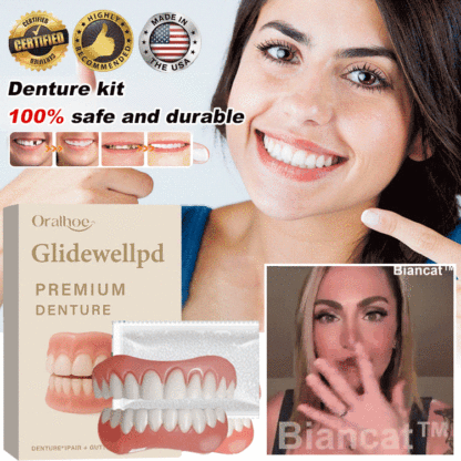 No glue required, installs in 1 second. Perfect Smile Dentures