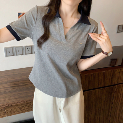 Women's clothing covering belly contrast color v-neck curved shoulder short-sleeved T-shirt female fat MM waist slimming chic tops female