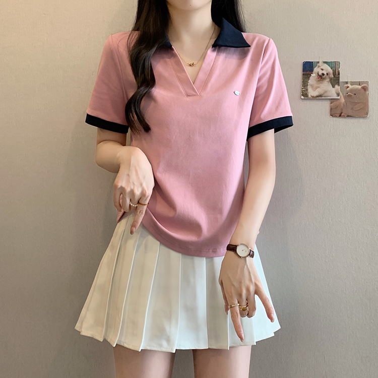 Women's clothing covering belly contrast color v-neck curved shoulder short-sleeved T-shirt female fat MM waist slimming chic tops female