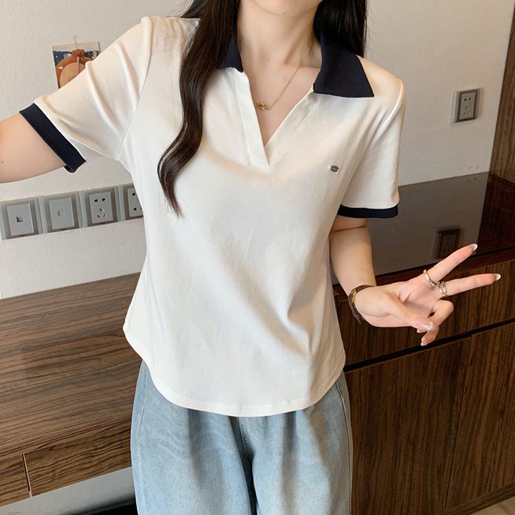 Women's clothing covering belly contrast color v-neck curved shoulder short-sleeved T-shirt female fat MM waist slimming chic tops female