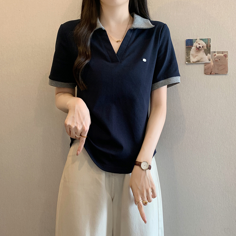 Women's clothing covering belly contrast color v-neck curved shoulder short-sleeved T-shirt female fat MM waist slimming chic tops female