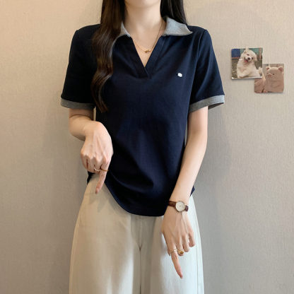 Women's clothing covering belly contrast color v-neck curved shoulder short-sleeved T-shirt female fat MM waist slimming chic tops female