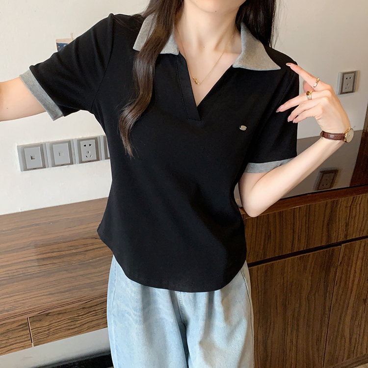 Women's clothing covering belly contrast color v-neck curved shoulder short-sleeved T-shirt female fat MM waist slimming chic tops female