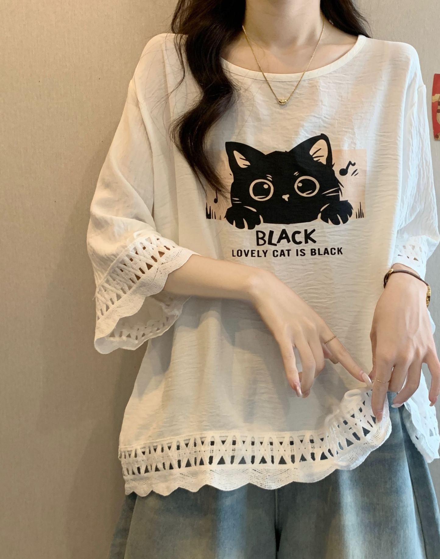 Women's American printed hollow shoulder short-sleeved T-shirt for fat women, loose and slim, belly-covering chic tops