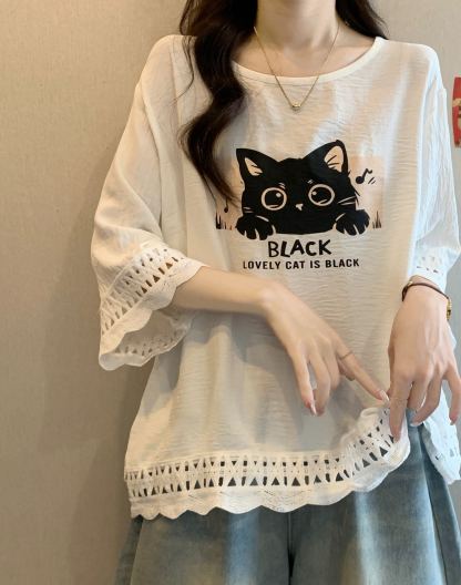 Women's American printed hollow shoulder short-sleeved T-shirt for fat women, loose and slim, belly-covering chic tops