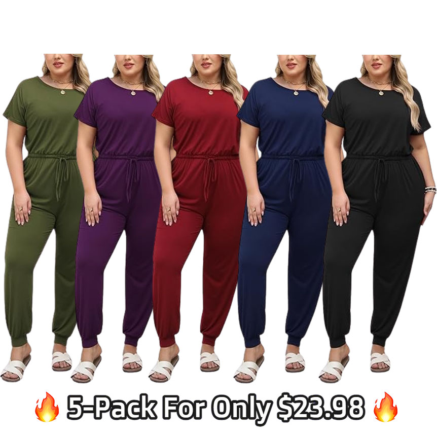 Plus Size Casual Jumpsuits for Curvy Women Summer Short Sleeve Drawstring Waist Long Pant Romper with Pocket