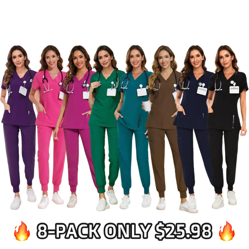 🔥8-PACK ONLY $25.98🔥Women's Vitality Set - Stretch V-Neck Scrub Top and Jogger Pants