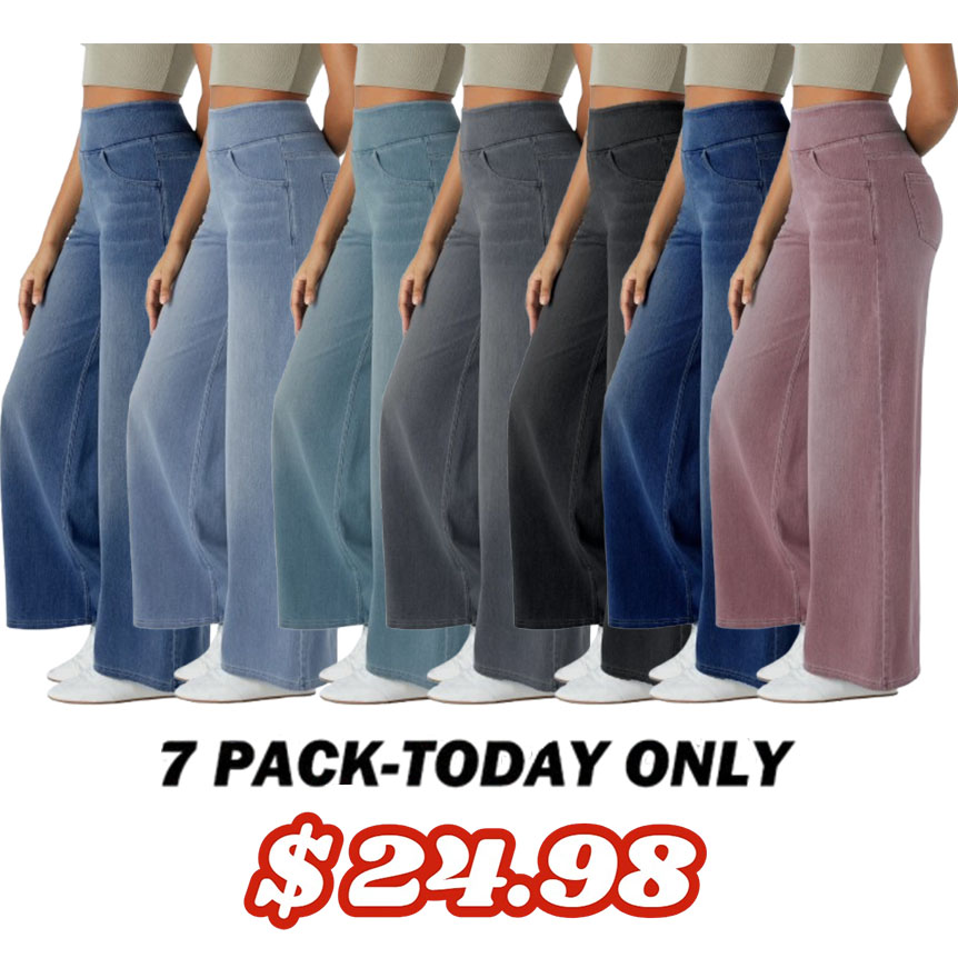 High Waisted Multiple Pockets Wide Leg Washed Stretchy Knit Casual Jea