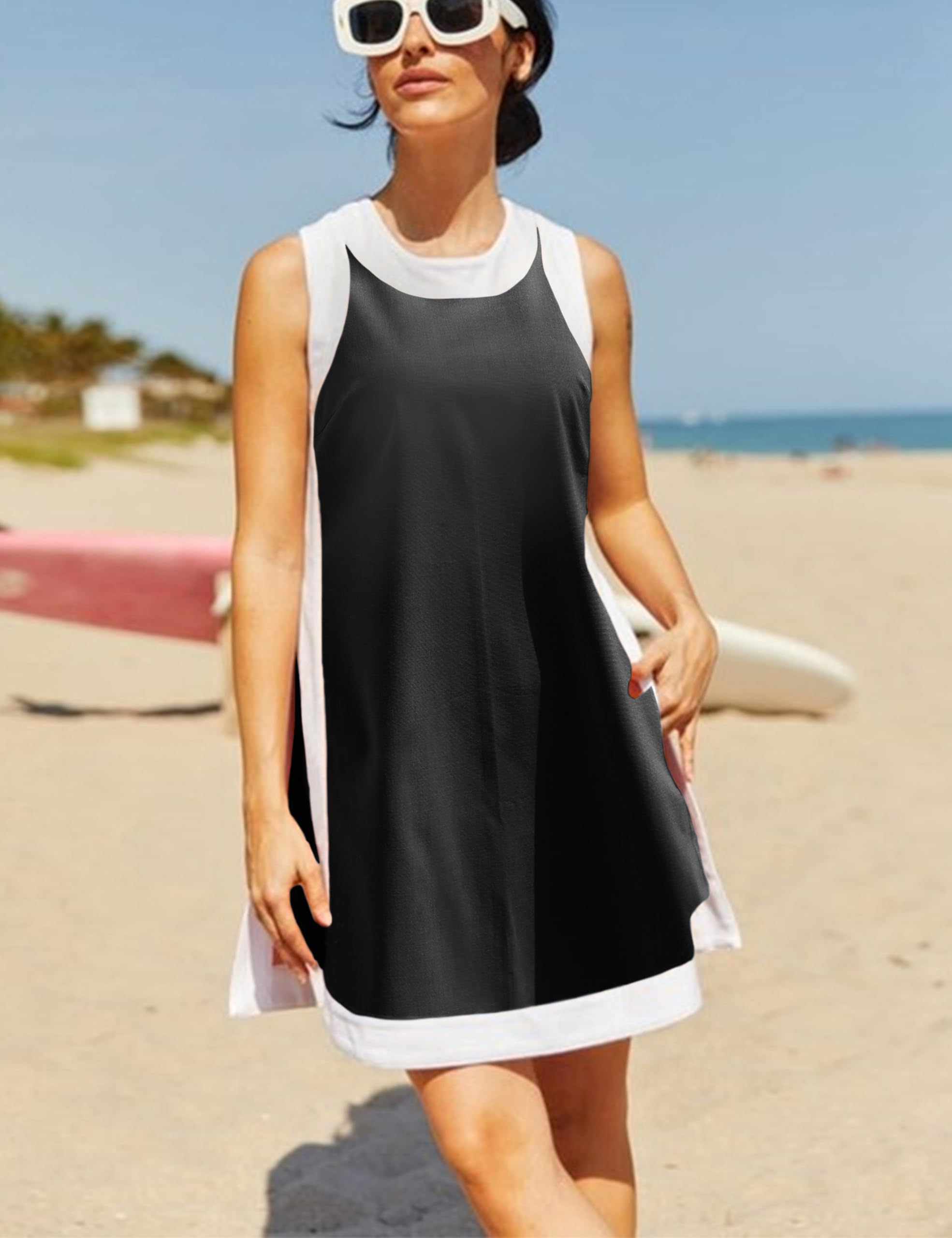 ⏰Hot Sale-Women's Casual Color Block Sleeveless Tops Matching Shorts with Pockets