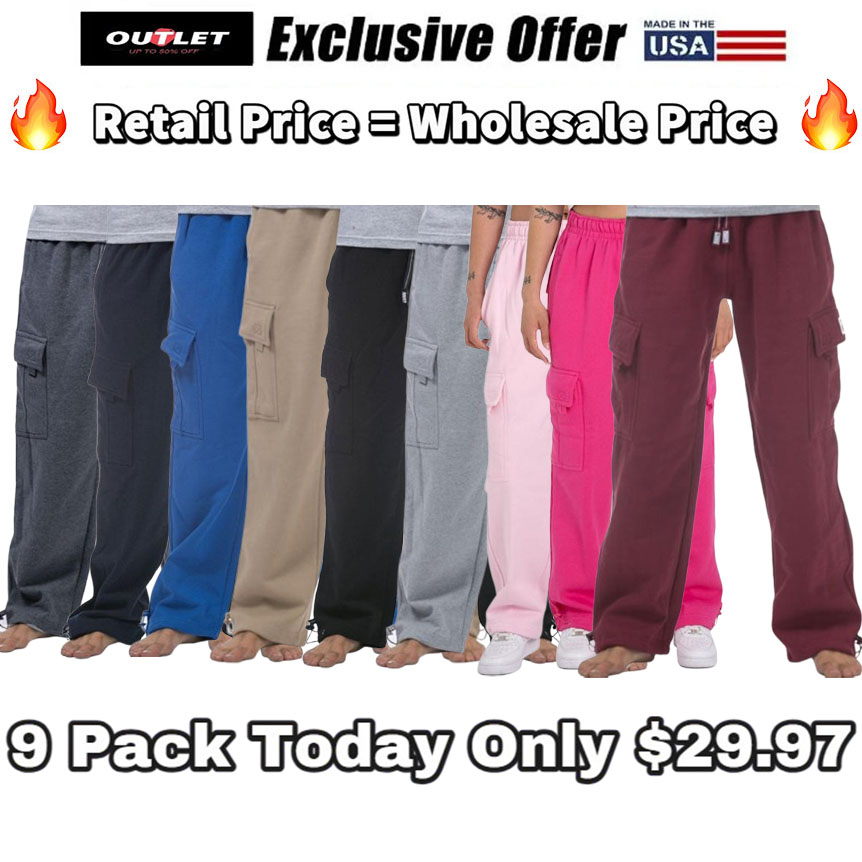 🔥9-Pack Only $29.97🔥PRO CLUB Cargo Pants 6 Pockets Casual Fleece Pants 