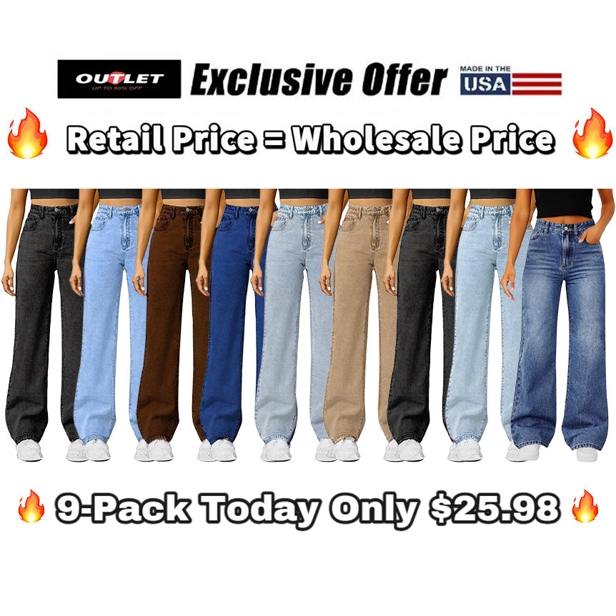 🔥9-Pack Today Only $25.98🔥Women's Trendy Denim High Waist Multi-Pocket Wide Leg Jeans
