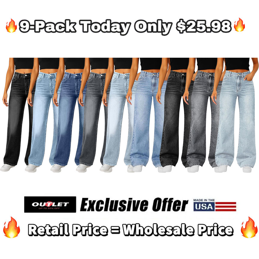 🔥9-Pack Today Only $25.98🔥Women's Trendy Denim High Waist Multi-Pocket Wide Leg Jeans