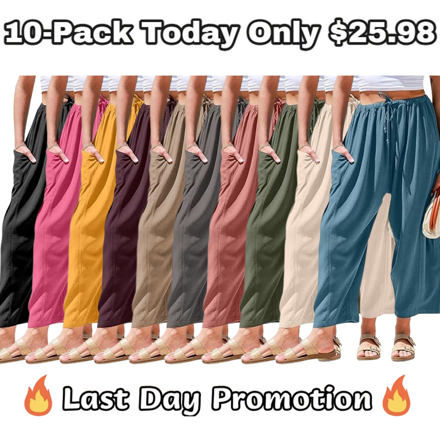 🔥10 Packs Only $25.98 🔥TARSE Womens Linen Wide Leg Pants Casual Loose Drawstring Summer Beach Travel Vacation Palazzo Harem Pants with Pockets