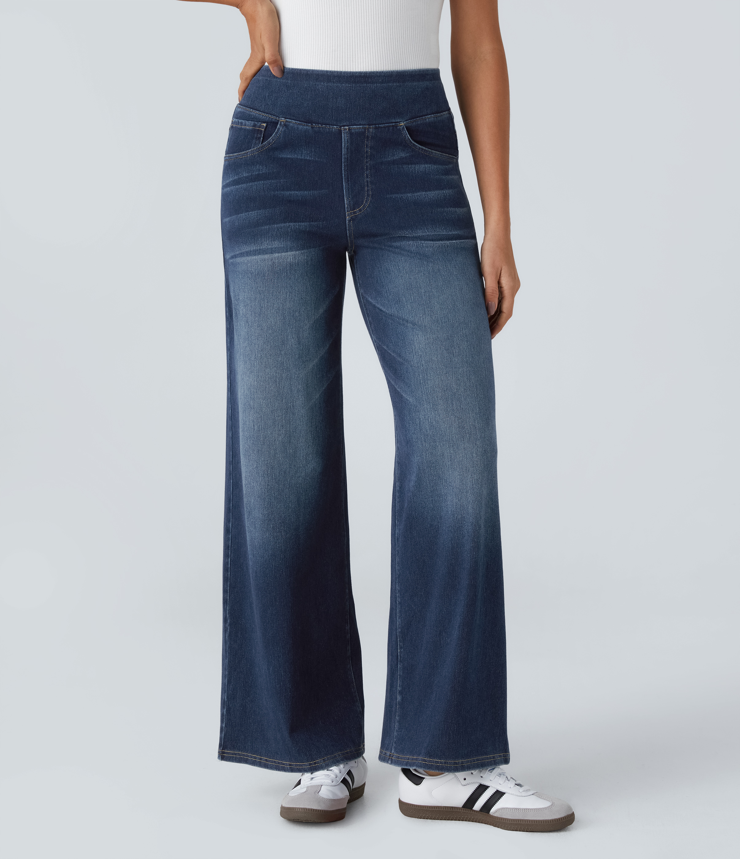 High Waisted Multiple Pockets Wide Leg Washed Stretchy Knit Casual Jeans