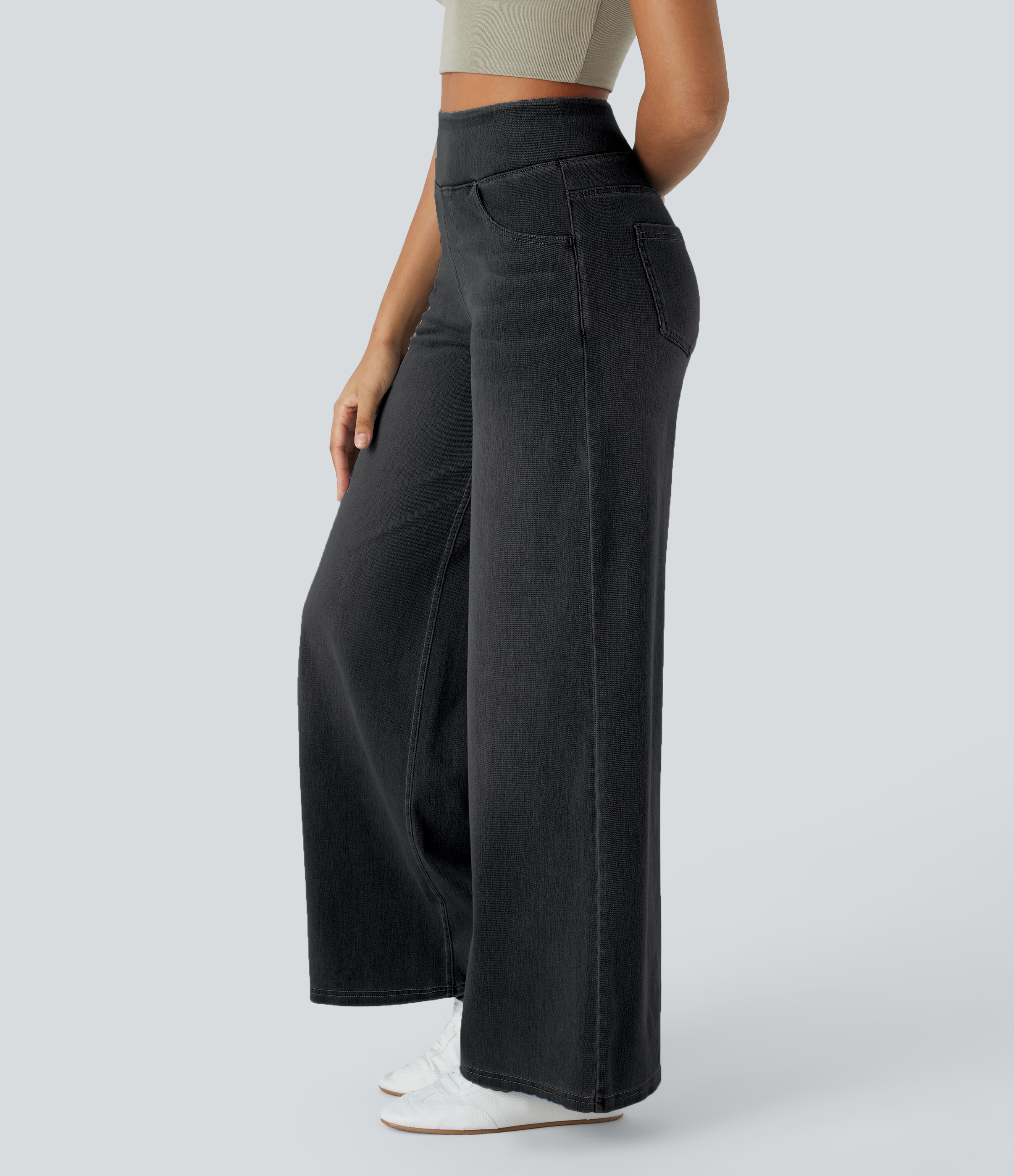High Waisted Multiple Pockets Wide Leg Washed Stretchy Knit Casual Jeans