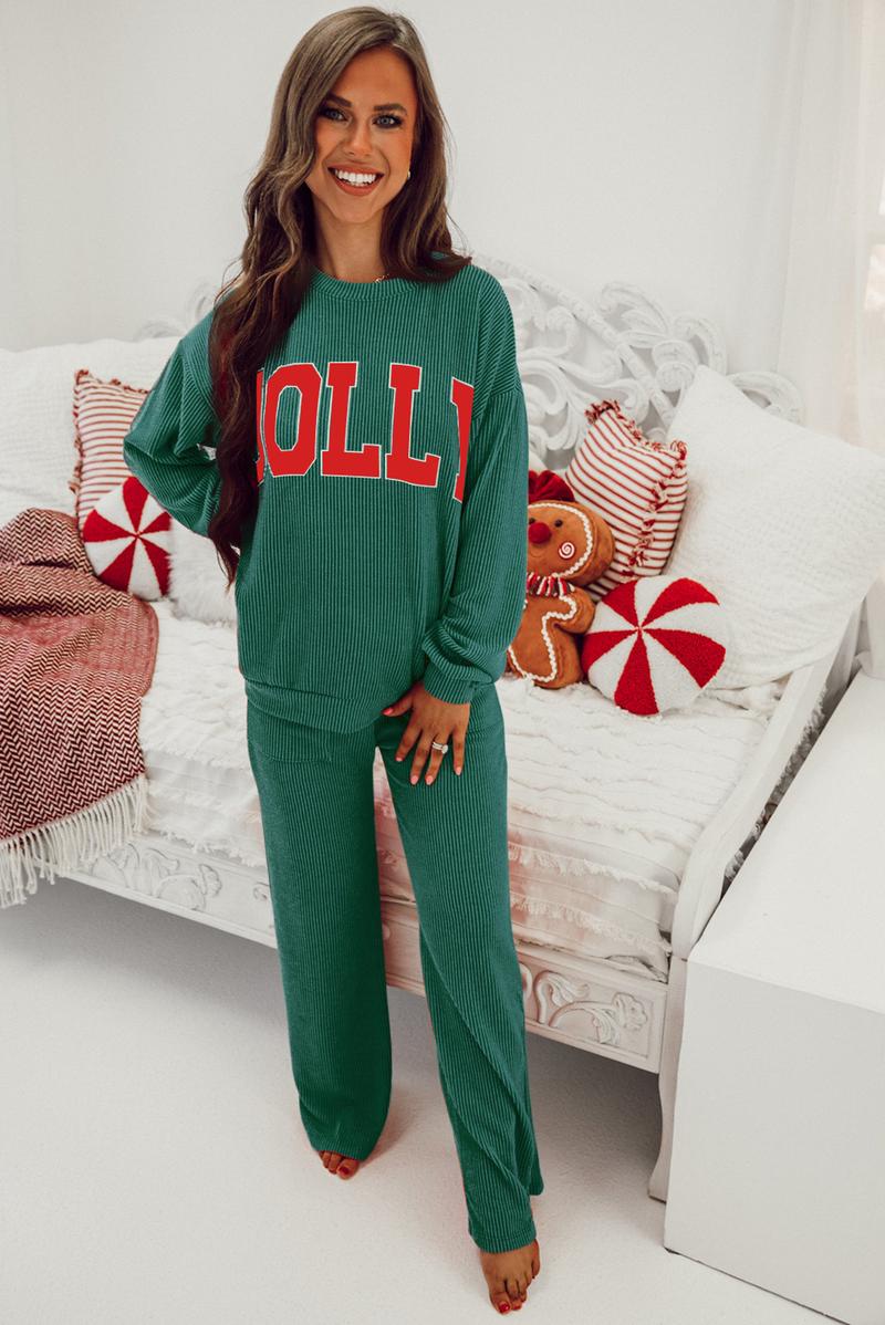 Znacicc Womens MERRY Graphic Christmas Two Piece Set Christmas Outfit Corduroy Corded  Long Sleeve Top and Shorts Winteroutfit Matching Set Comfort Fabric