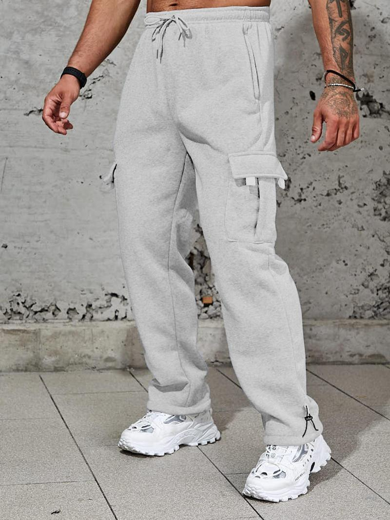 Men's Plain Pockets Drawstring Waist Wide Leg Pants