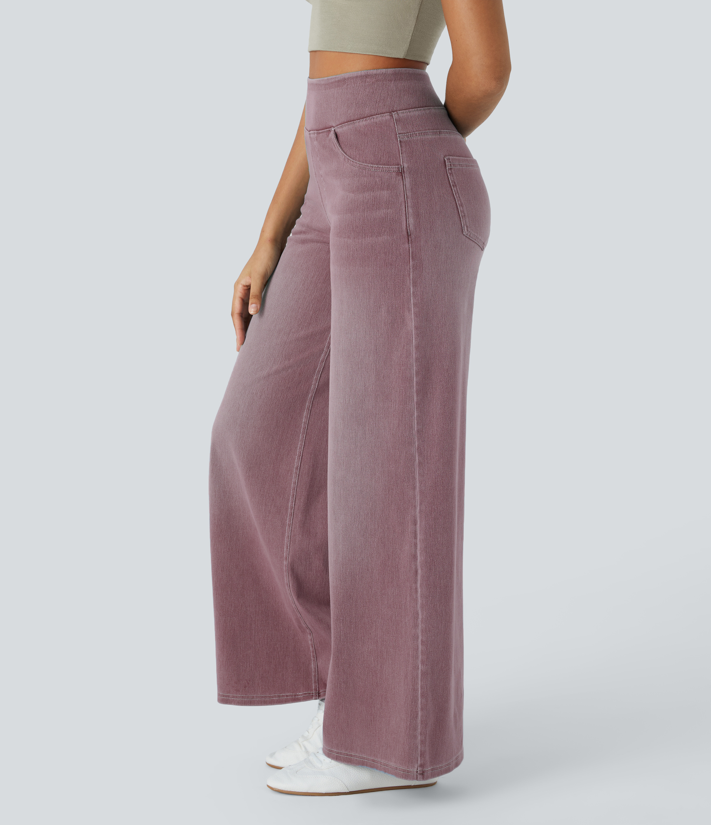 High Waisted Multiple Pockets Wide Leg Washed Stretchy Knit Casual Jeans