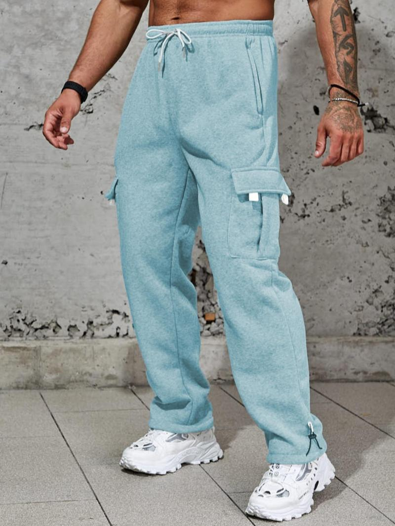 Men's Plain Pockets Drawstring Waist Wide Leg Pants