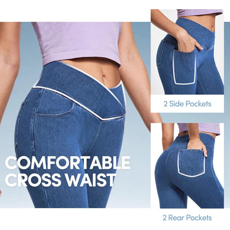 Stretchy Denim High Waisted Crossover Flare Pants (Buy 2 Free Shipping)
