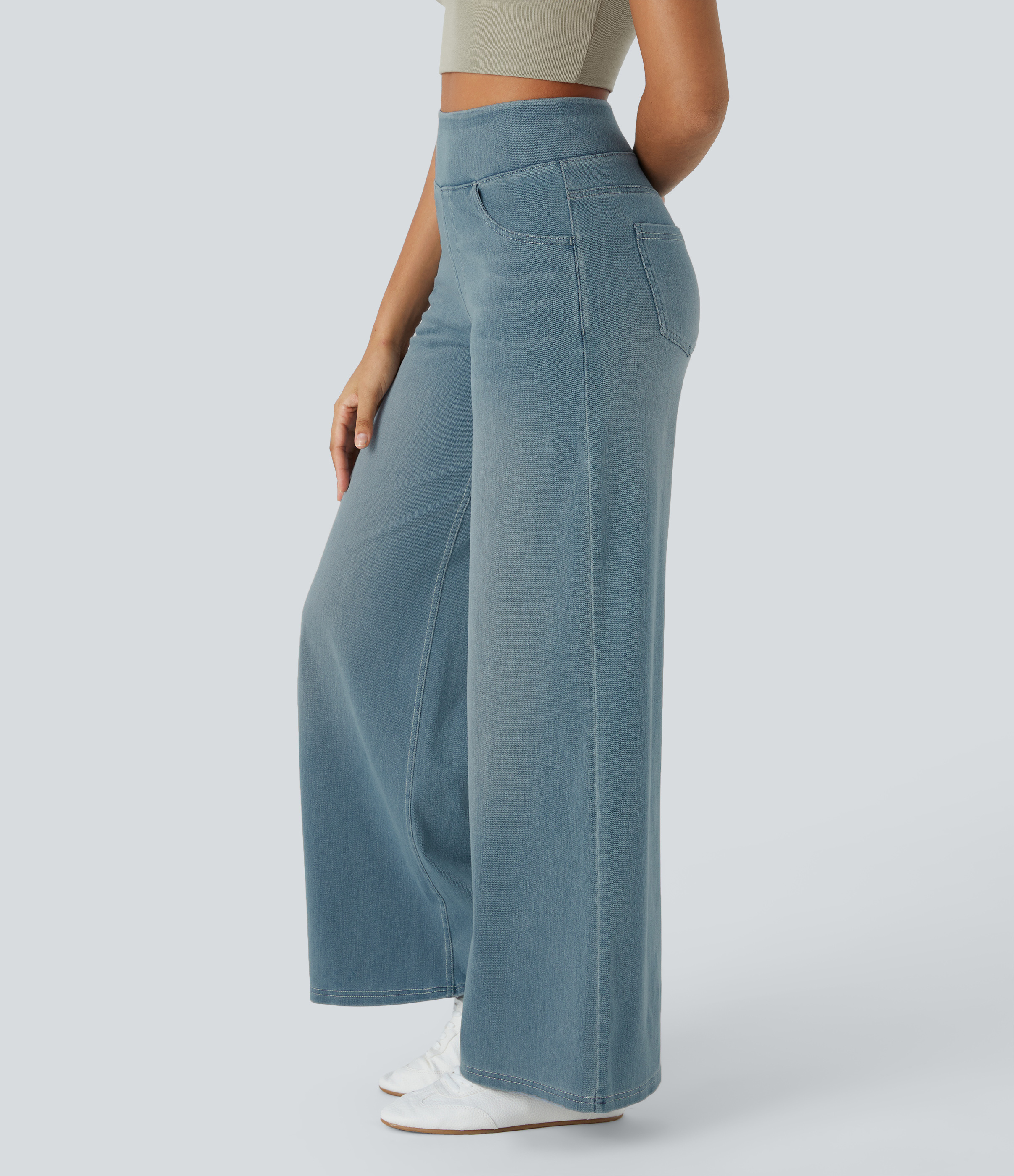High Waisted Multiple Pockets Wide Leg Washed Stretchy Knit Casual Jeans