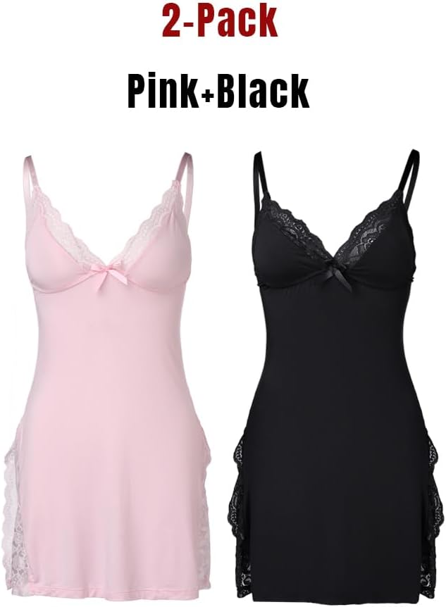 🔥10-PACK ONLY $24.77🔥CHICME Women's Lace Trim Side Slit Modal Cami Sleep Dress Loungewear Cute Night Gowns for Women