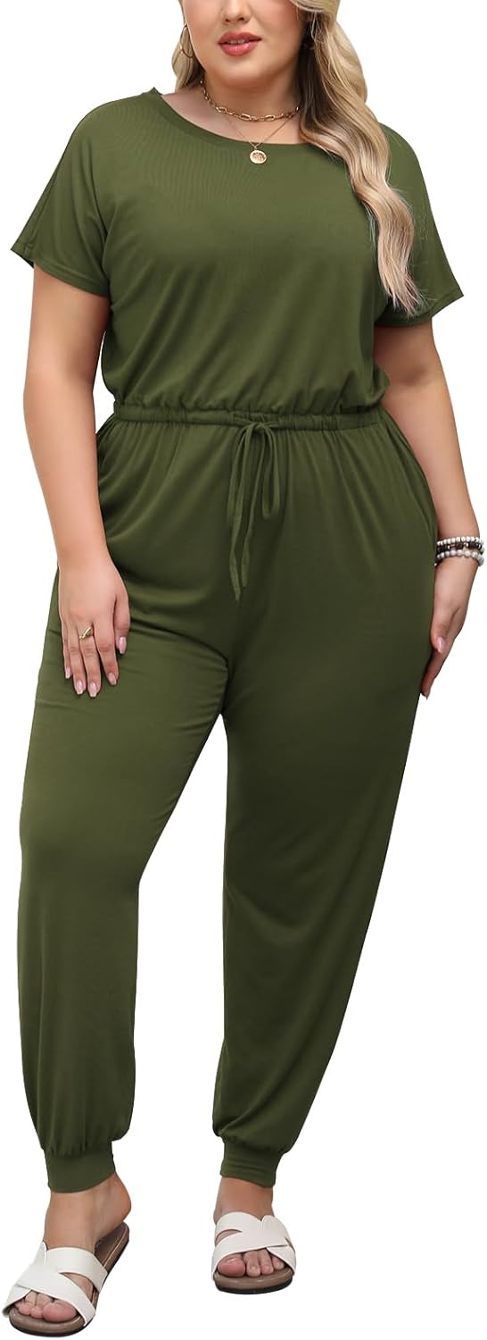 Nemidor Plus Size Casual Jumpsuits for Curvy Women Summer Short Sleeve Drawstring Waist Long Pant Romper with Pocket 16-26