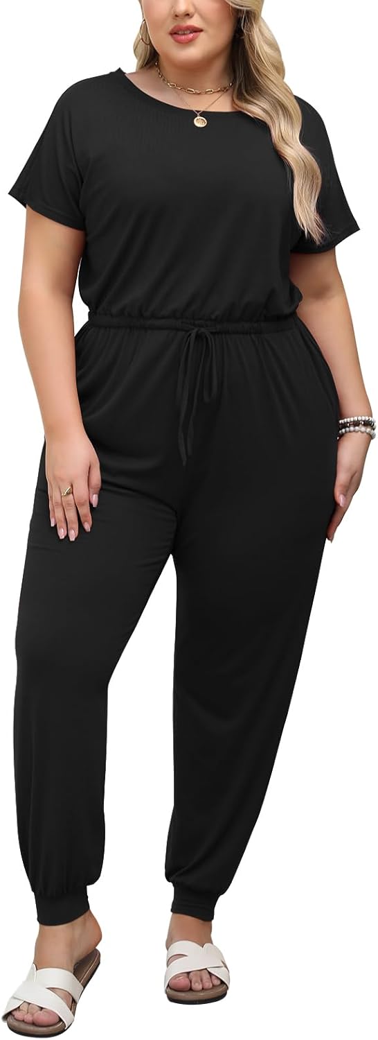 Nemidor Plus Size Casual Jumpsuits for Curvy Women Summer Short Sleeve Drawstring Waist Long Pant Romper with Pocket 16-26