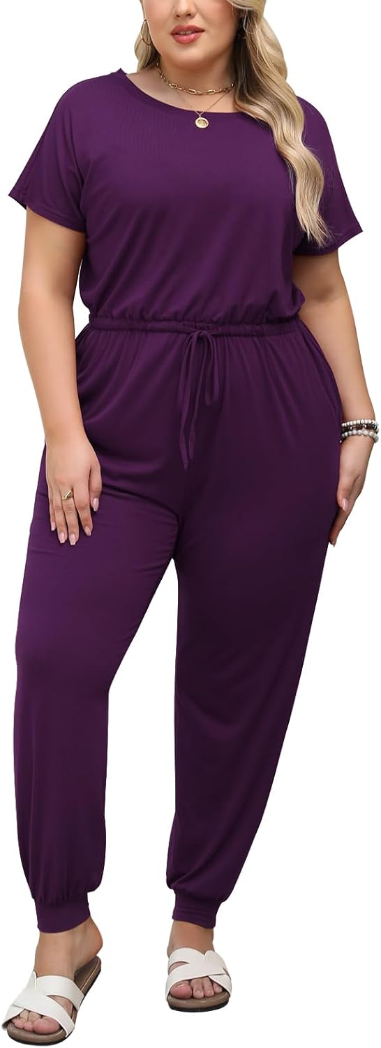 Nemidor Plus Size Casual Jumpsuits for Curvy Women Summer Short Sleeve Drawstring Waist Long Pant Romper with Pocket 16-26