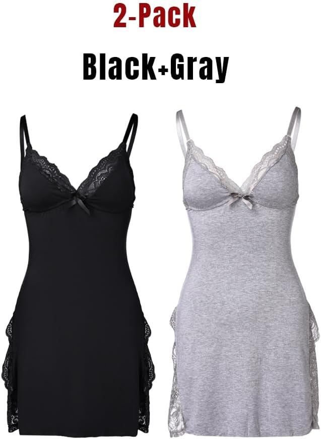 🔥10-PACK ONLY $24.77🔥CHICME Women's Lace Trim Side Slit Modal Cami Sleep Dress Loungewear Cute Night Gowns for Women