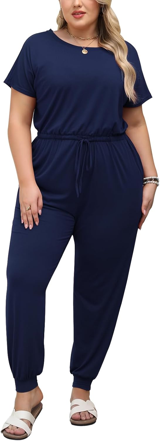 Nemidor Plus Size Casual Jumpsuits for Curvy Women Summer Short Sleeve Drawstring Waist Long Pant Romper with Pocket 16-26
