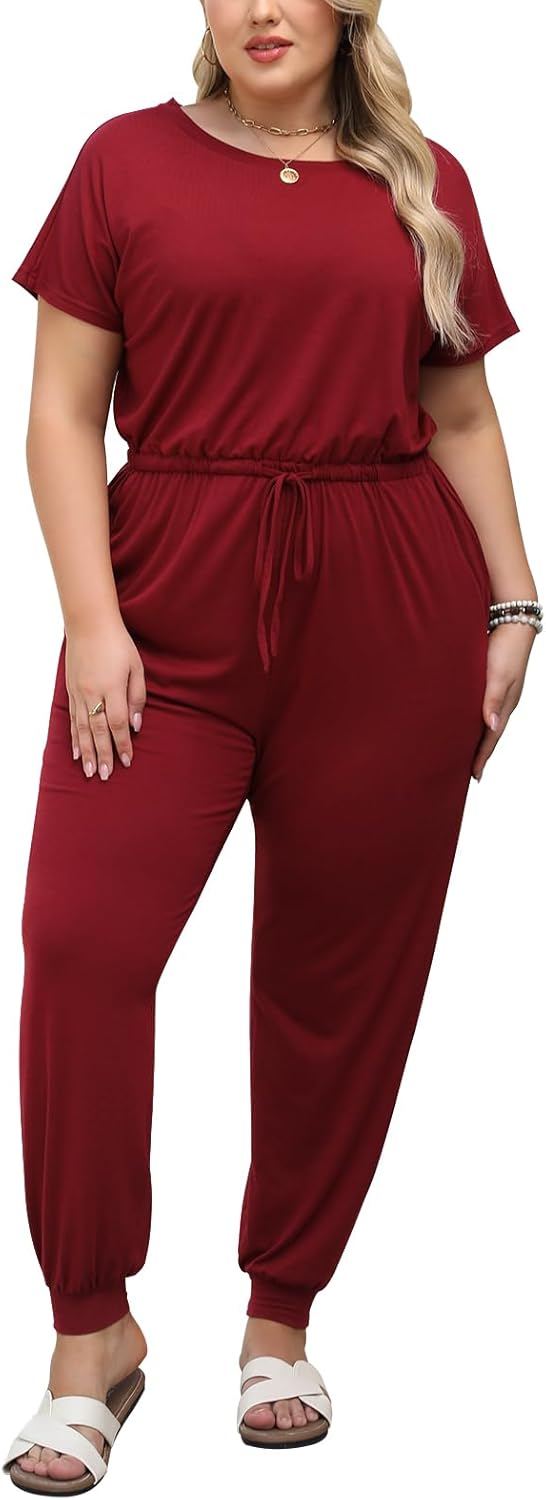 Nemidor Plus Size Casual Jumpsuits for Curvy Women Summer Short Sleeve Drawstring Waist Long Pant Romper with Pocket 16-26