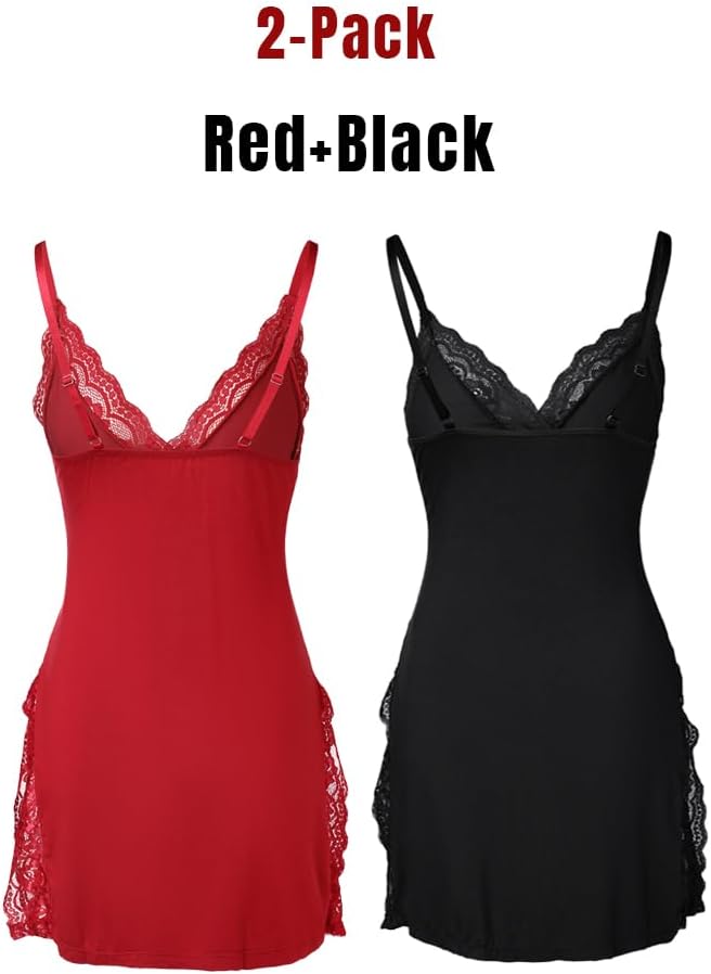 🔥10-PACK ONLY $24.77🔥CHICME Women's Lace Trim Side Slit Modal Cami Sleep Dress Loungewear Cute Night Gowns for Women