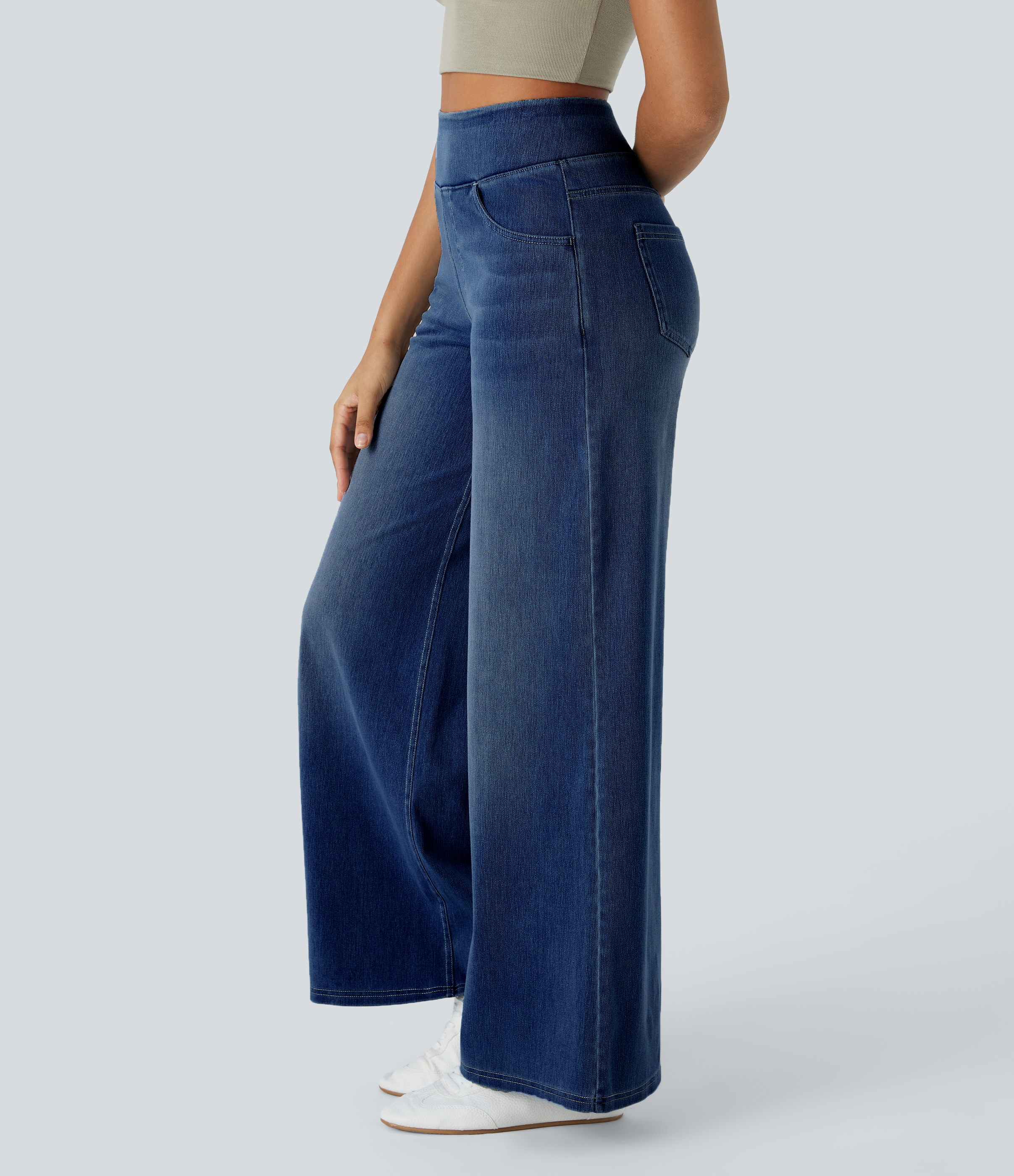High Waisted Multiple Pockets Wide Leg Washed Stretchy Knit Casual Jeans