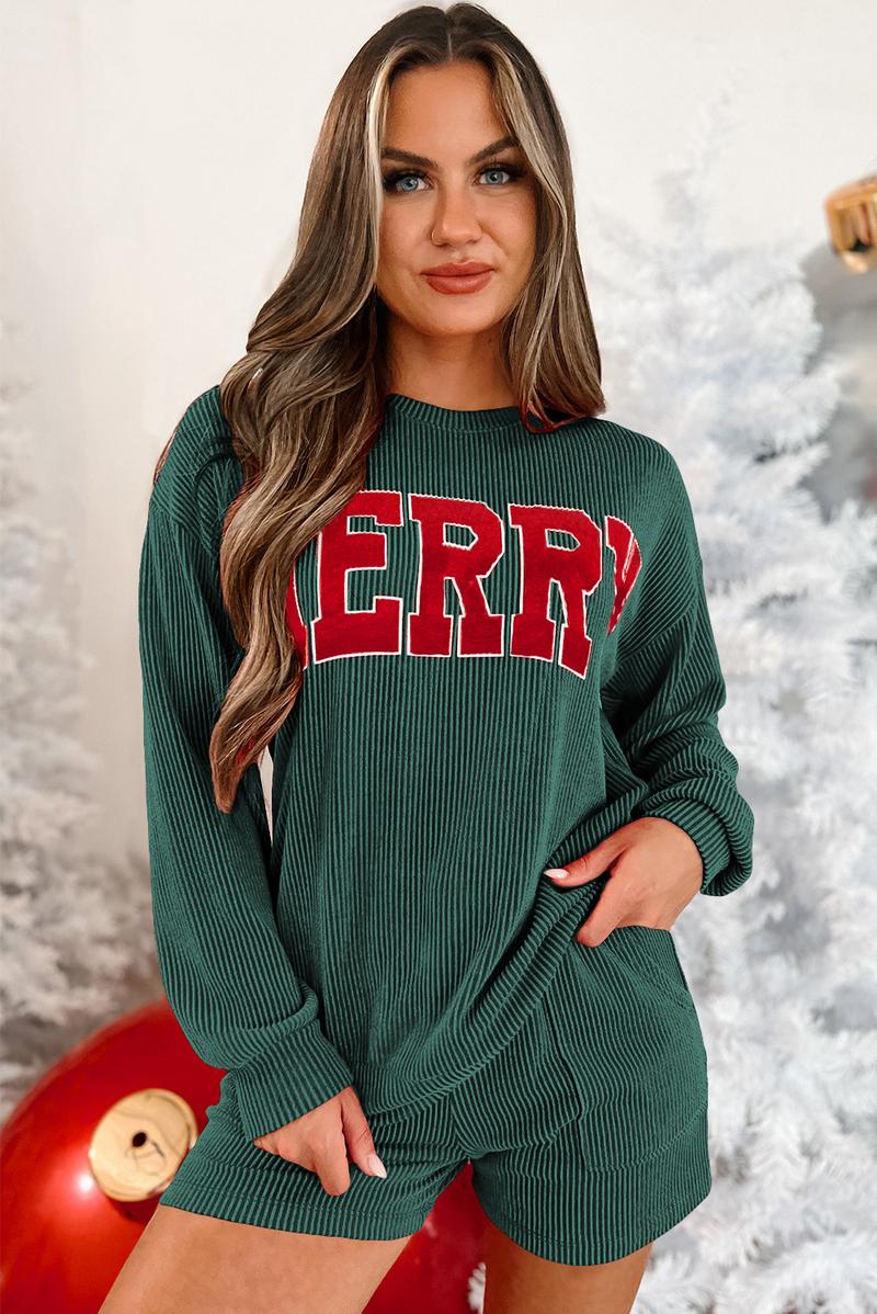 Znacicc Womens MERRY Graphic Christmas Two Piece Set Christmas Outfit Corduroy Corded  Long Sleeve Top and Shorts Winteroutfit Matching Set Comfort Fabric