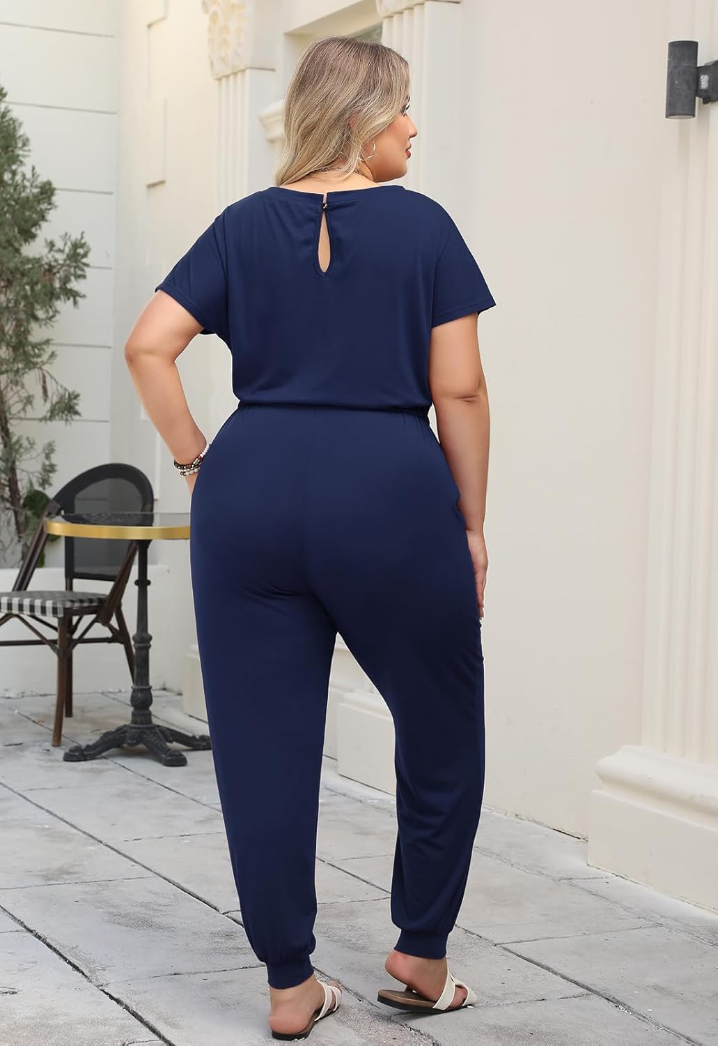 Nemidor Plus Size Casual Jumpsuits for Curvy Women Summer Short Sleeve Drawstring Waist Long Pant Romper with Pocket 16-26