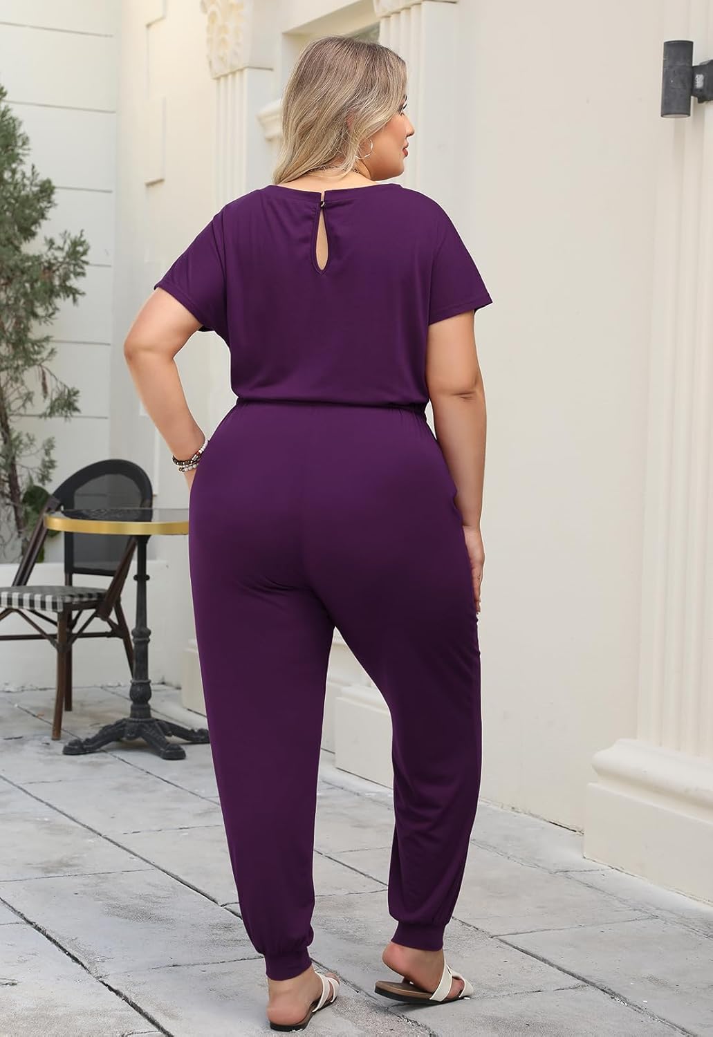 Nemidor Plus Size Casual Jumpsuits for Curvy Women Summer Short Sleeve Drawstring Waist Long Pant Romper with Pocket 16-26