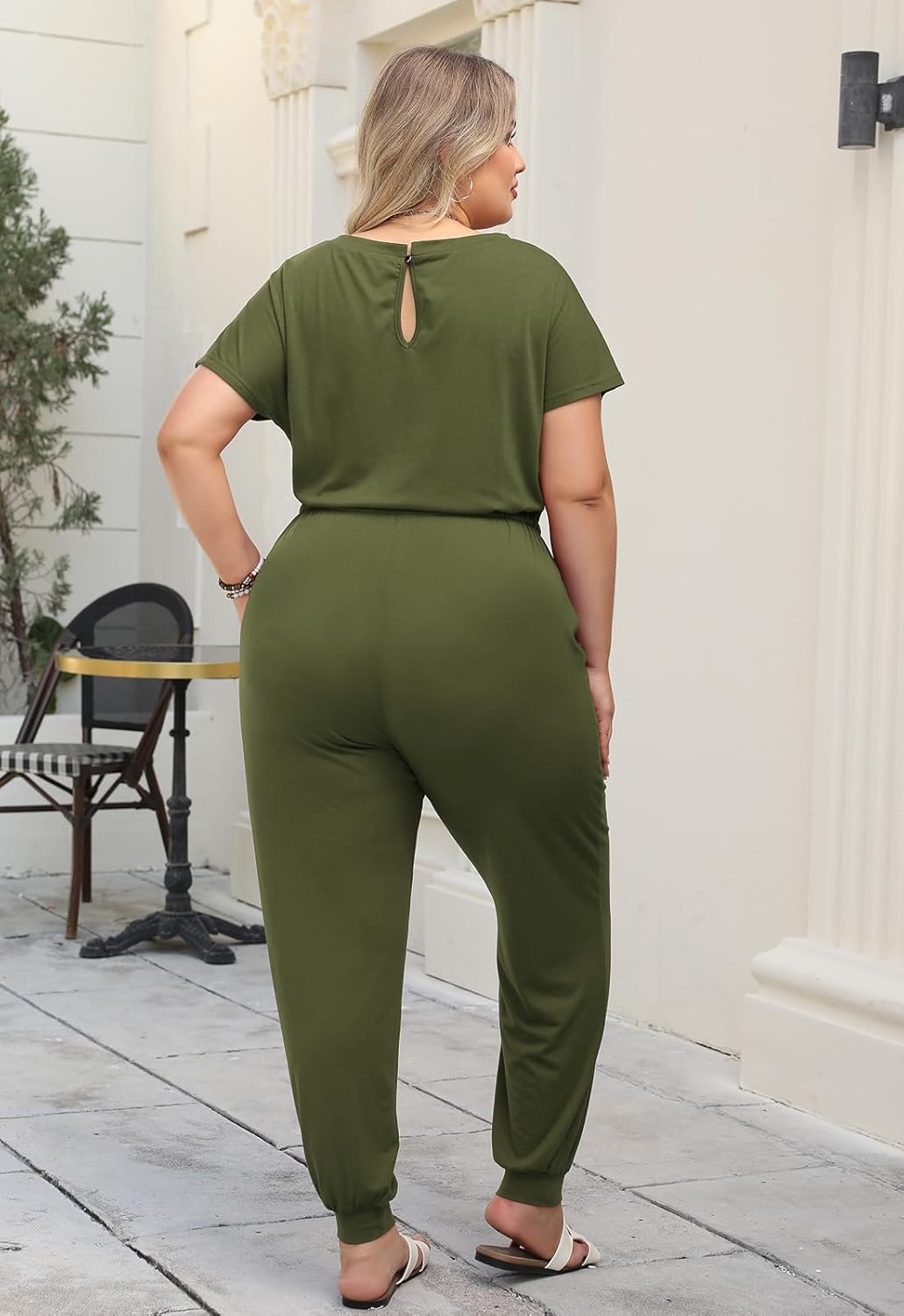 Nemidor Plus Size Casual Jumpsuits for Curvy Women Summer Short Sleeve Drawstring Waist Long Pant Romper with Pocket 16-26