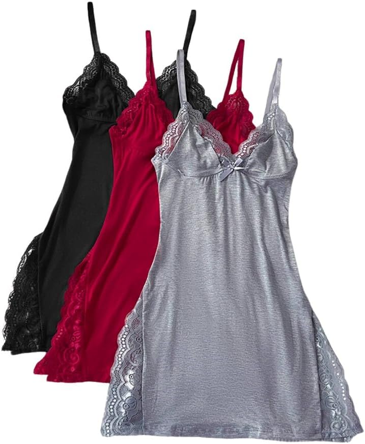 🔥10-PACK ONLY $24.77🔥CHICME Women's Lace Trim Side Slit Modal Cami Sleep Dress Loungewear Cute Night Gowns for Women