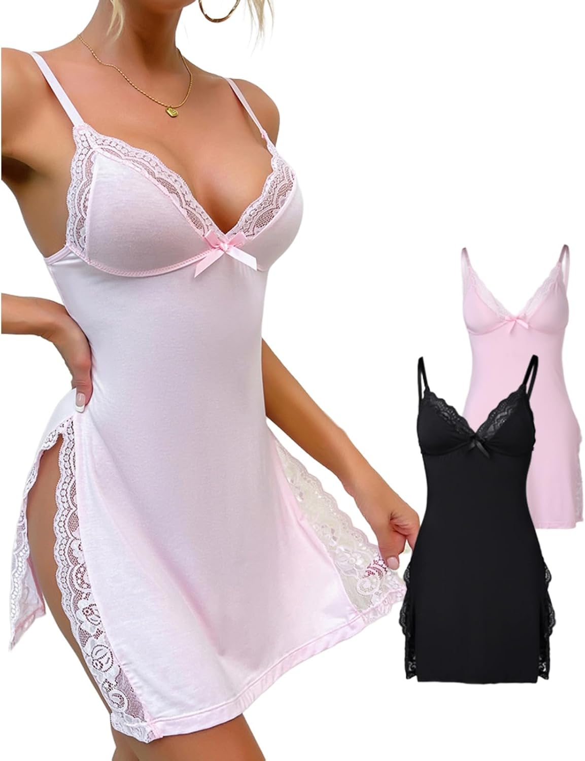 🔥10-PACK ONLY $24.77🔥CHICME Women's Lace Trim Side Slit Modal Cami Sleep Dress Loungewear Cute Night Gowns for Women