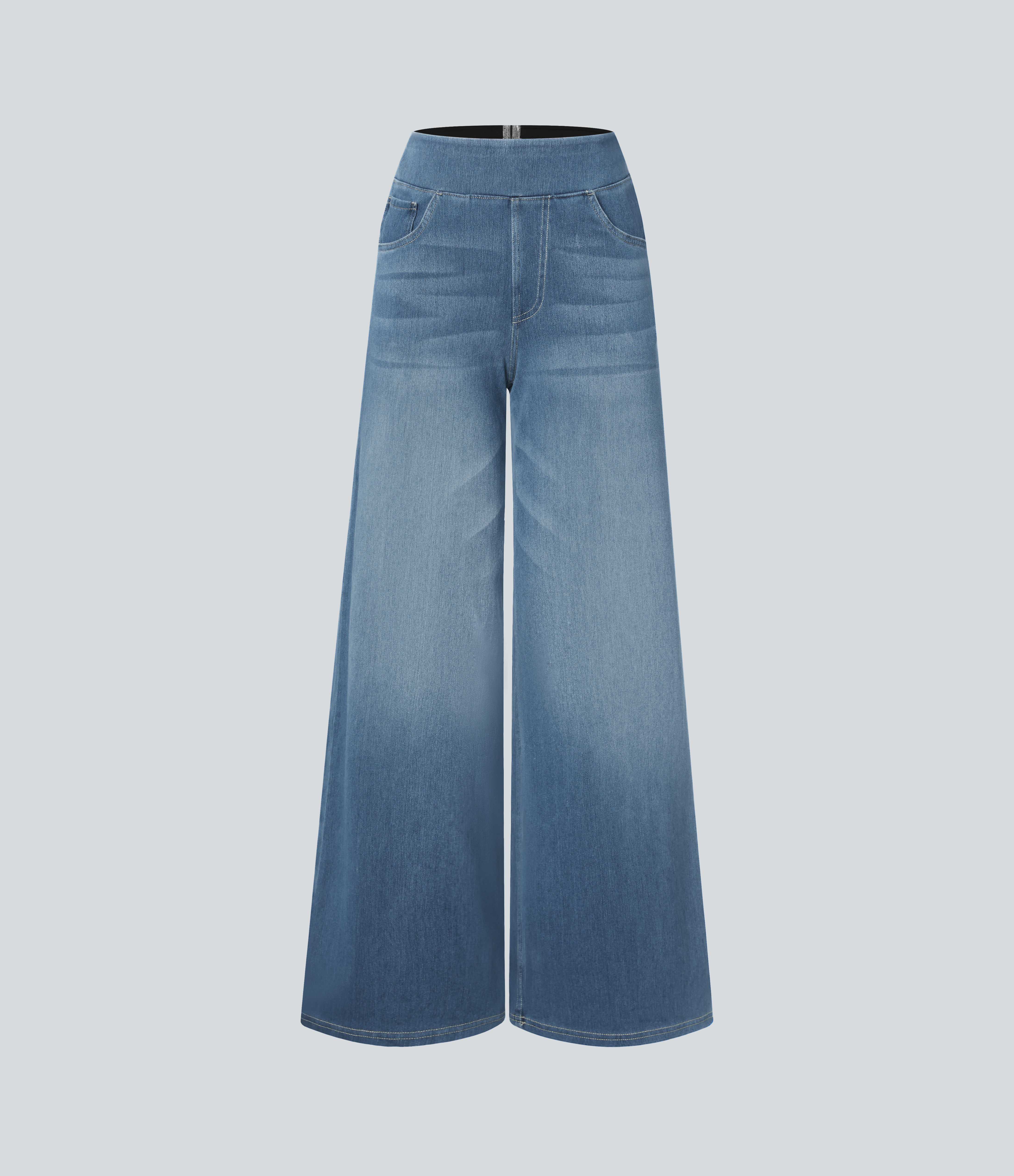 High Waisted Multiple Pockets Wide Leg Washed Stretchy Knit Casual Jeans