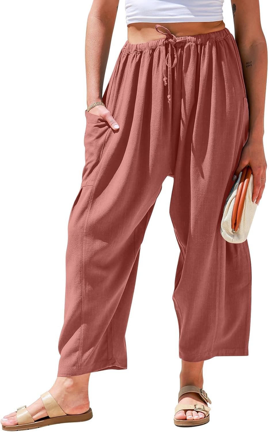 🔥10 Packs Only $25.98 🔥TARSE Womens Linen Wide Leg Pants Casual Loose Drawstring Summer Beach Travel Vacation Palazzo Harem Pants with Pockets