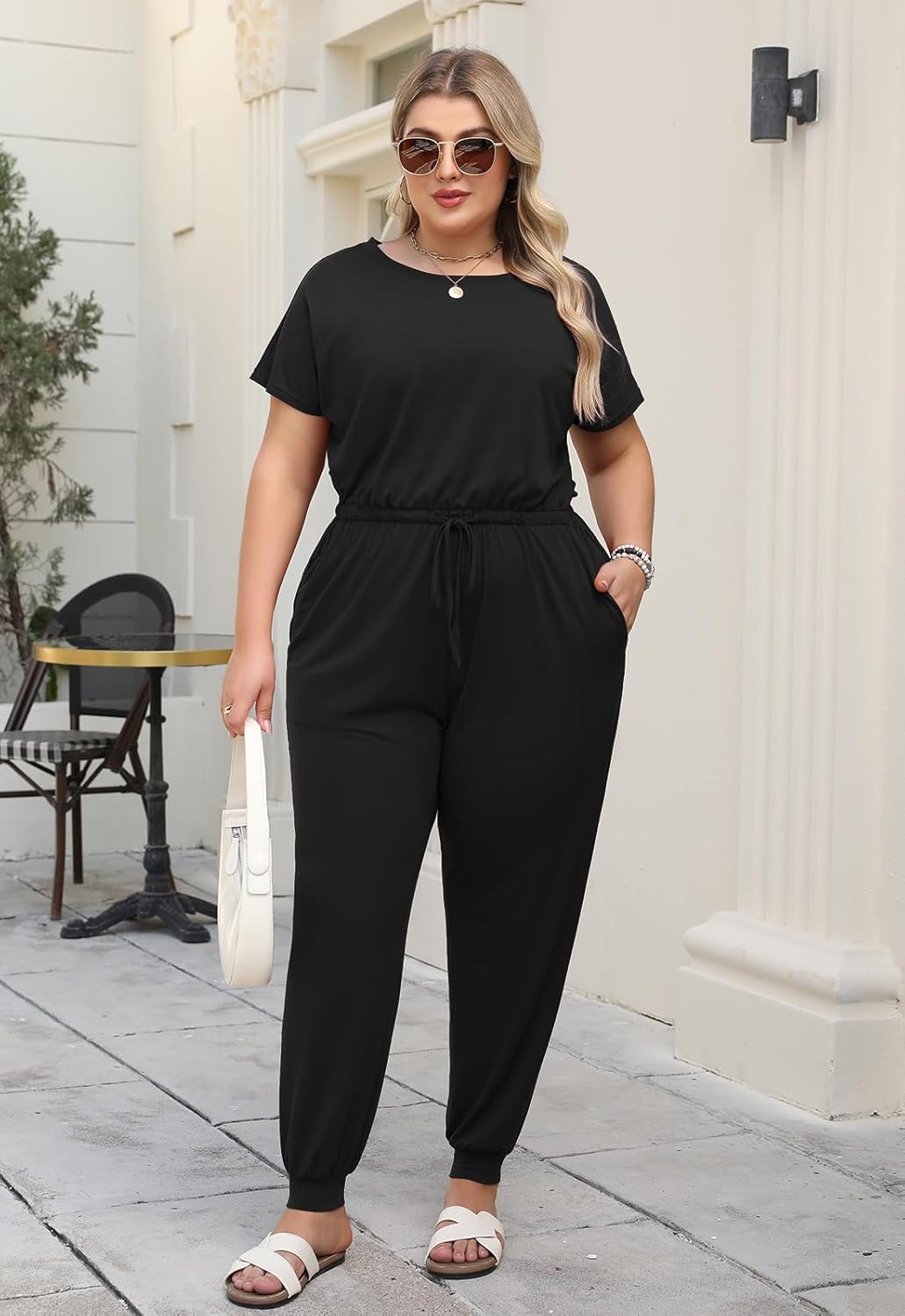 Nemidor Plus Size Casual Jumpsuits for Curvy Women Summer Short Sleeve Drawstring Waist Long Pant Romper with Pocket 16-26